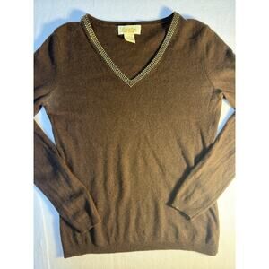 Peck & Peck Cashmere Sweater Womens M Brown V Neck Beaded Trim Soft